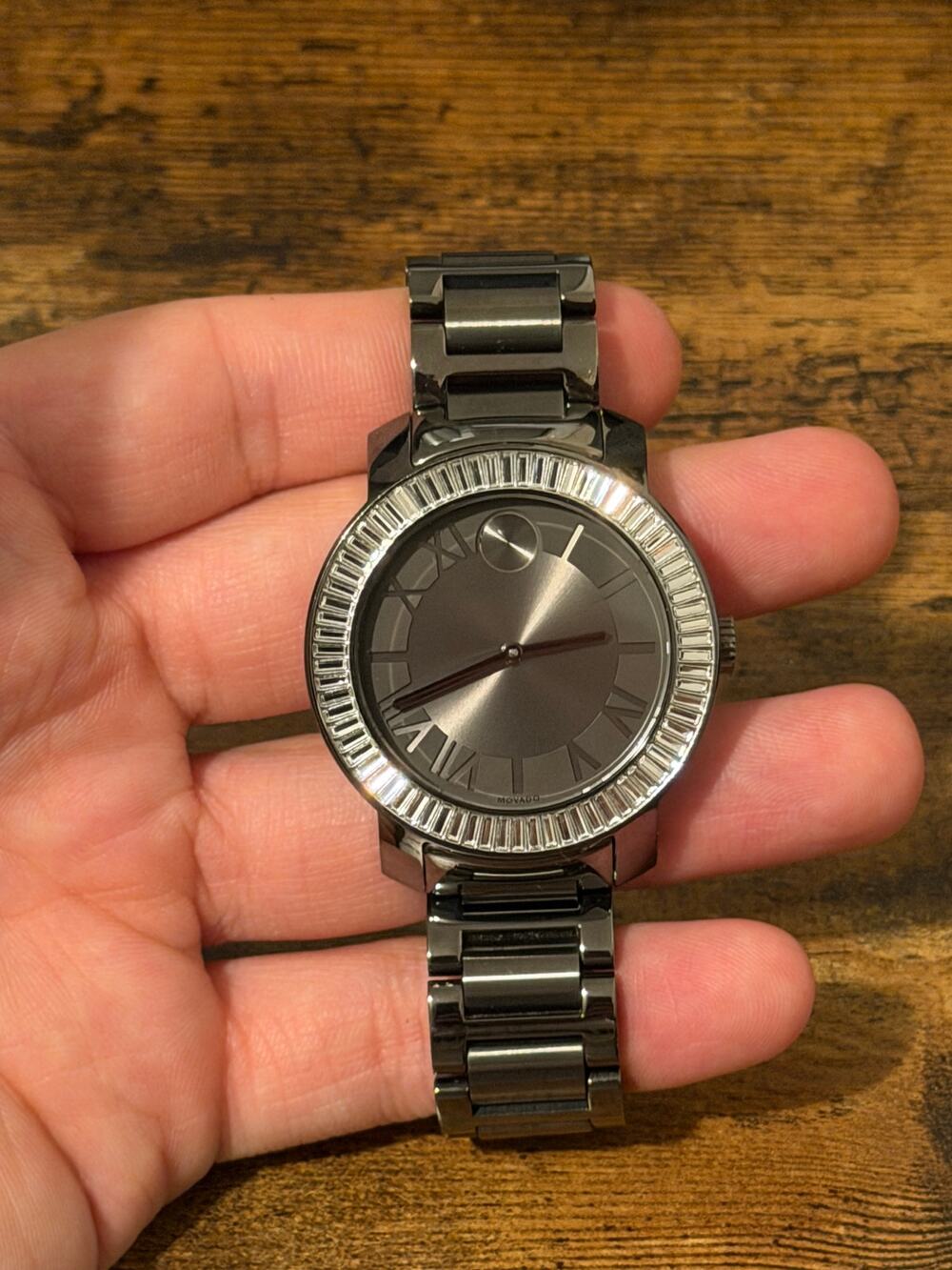 Movado BOLD Luxe 39mm Gunmetal Crystal Bezel Quartz Watch MB.01.3.14.6128S
